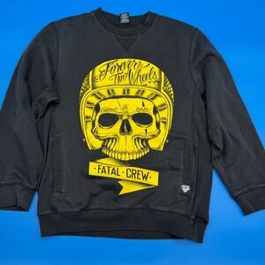 VTG Fatal Crew Skull‎ Helmet Graphic Sweatshirt Men's Medium Black Yellow Y2K